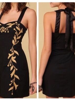 NWT Free People Black Dress with Gold Embroidered Vine Detail Size